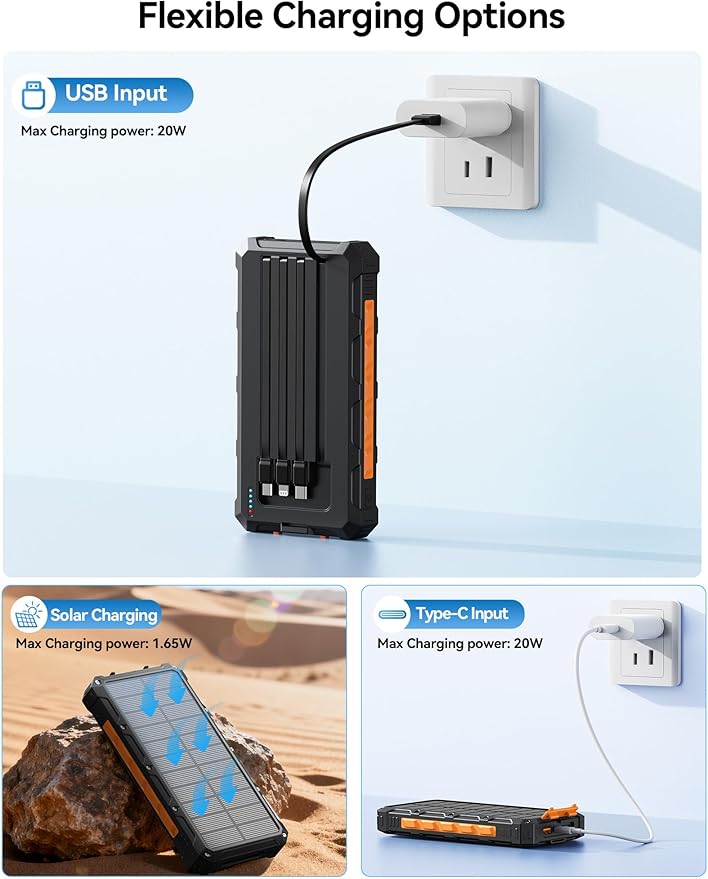 Solar-Charger-Power-Bank - 20000mah Solar Powered Battery Charger Cell Phone,20W Fast Charging Built in Cables,Camping Essentials Portable External Battery Pack Compatible with Multiple Devices