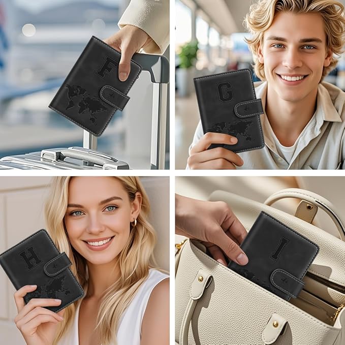 Passport Holder Wallet Cover Personalized Letter A-Z Travel Wallet RFID Blocking Passport Cover Wallet Case for Travel Passport Book Holders for Women and Men, Black-F