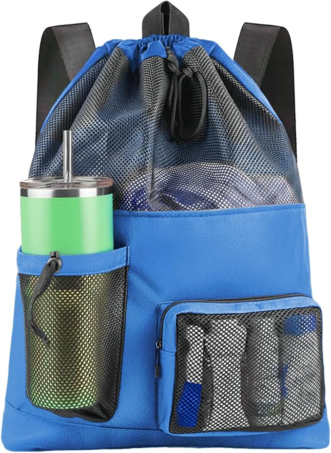 HOHOM Swim Mesh Beach Bag, Waterproof Gym Bags for Women and Men, Large Pool Bag Swimming Gear Drawstring Backpack