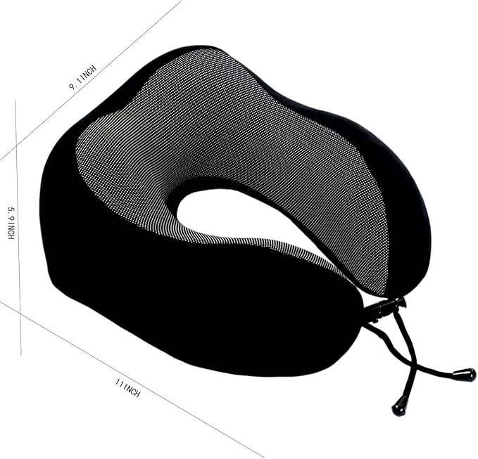 Memory Foam Travel Pillow, Neck Pillow with 360-Degree Head Support, Comfortable Ideal for Sleeping on Airplane, Car, Train, Bus and Home Use, Comes with Storage Bag (Black)