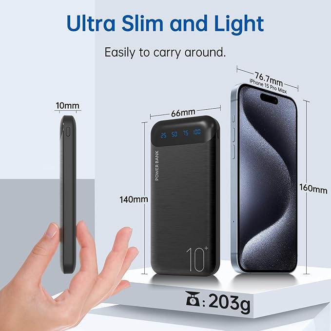Power Bank 10000mAh Portable Charger Slim Battery Pack with 2 USB 2.4A Outputs and USB C In/Out Compatible with Huawei iPhone 16 15 14 13 12 iPad Samsung Galaxy S20 Android Tablet (Black + White)