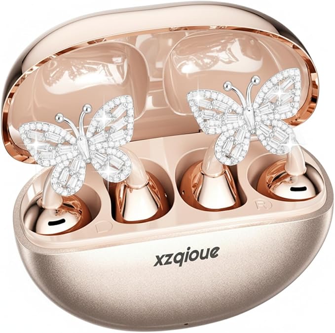 Jewelry-Inspired Clip On Earbuds,Comfortable Fit Open Ear Clip-On Headphones,Wireless Bluetooth Ear Cuff Headphones for Women,Earrings Earbuds for Running,Office,Sport&Gift (Butterfly - Rose Gold)