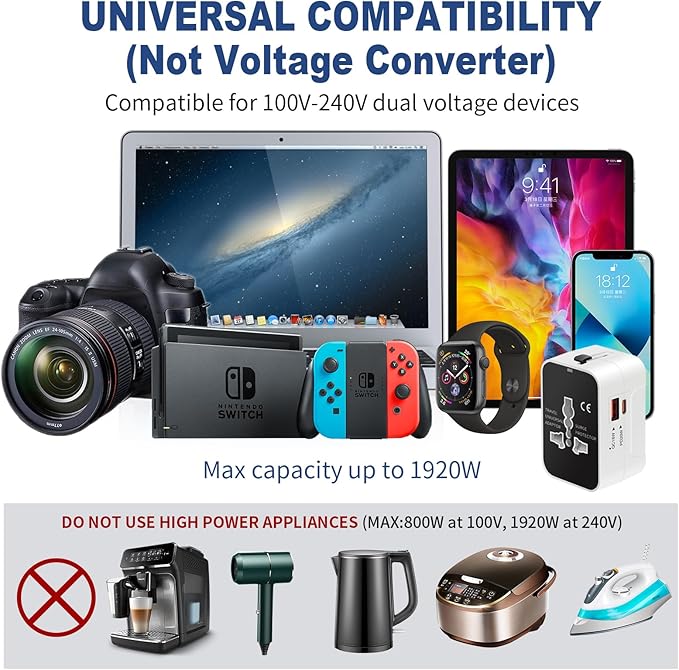 International Universal All in One Worldwide Travel Adapter Fast Charger with PD 3.0 Type C & USB-A Quick Charging Wall Charger AC Power Plug Adapter for USA EU UK AUS European Cell Phone Laptop