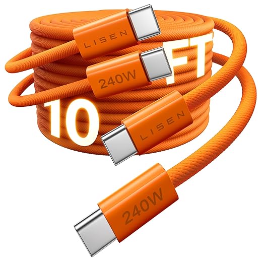 LISEN USB C to USB C Cable, 240W C to C Cable Fast Charging [10FT, 2 Pack] Type C Charger Fast Charging USBC to USBC Cable for iPhone 17 16 15 Pro Max iPad MacBook Neo Air Pro Samsung S26, Orange