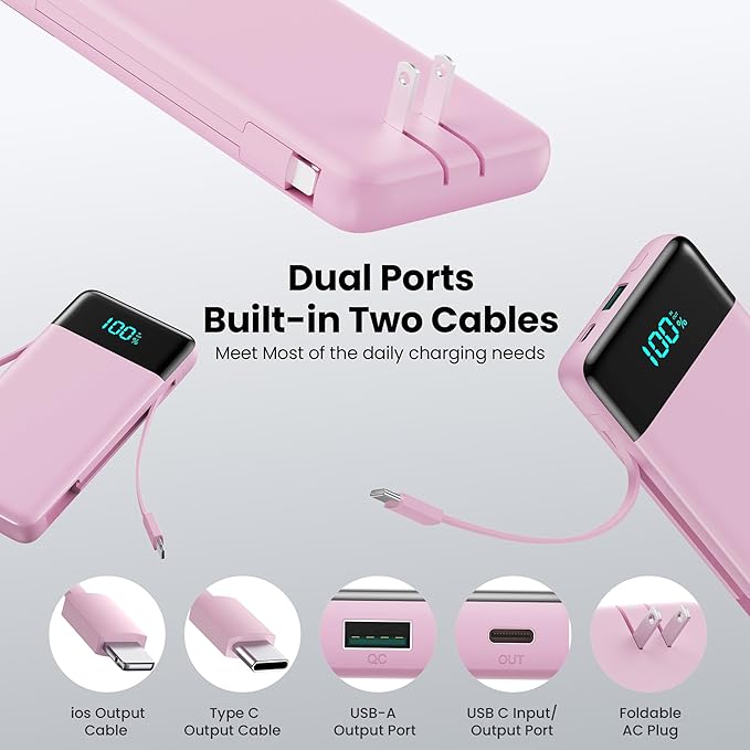 Portable Charger with Built-in AC Plug and Cables,13800mAh All in One USB C Fast Charging Power Bank,Travel Essentials Portable Phone Charger Battery Pack for iPhone 17/16/15/14/13,Galaxy,Android-Pink
