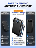 Portable Charger with Built-in Cables & Wall Plug, 10000mAh Power Bank, 4 Outputs 22.5W USB C Fast Charging, Mini Travel Essentials Battery Pack with LED Display for iPhone/iPad/Samsung etc Black