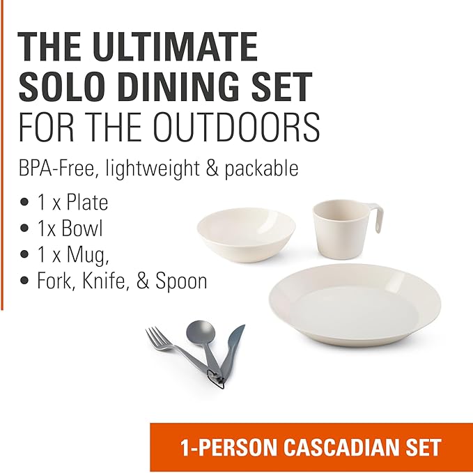 GSI Outdoors Cascadian Table Set I 6-Piece Camping, Backpacking Mess Kit, Plastic BPA Free, Plate, Bowl, Mug, Cup & Cutlery Set