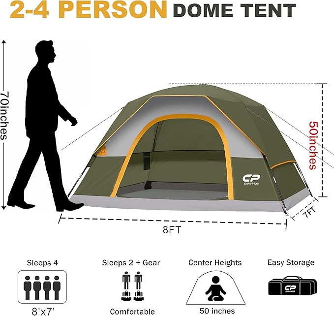 CAMPROS CP Camping Tent 2/4/6 Person, Waterproof Windproof Double Layer Dome Tent, Easy Setup with Large Mesh Windows & Wide Door for Outdoor Camping Backyard