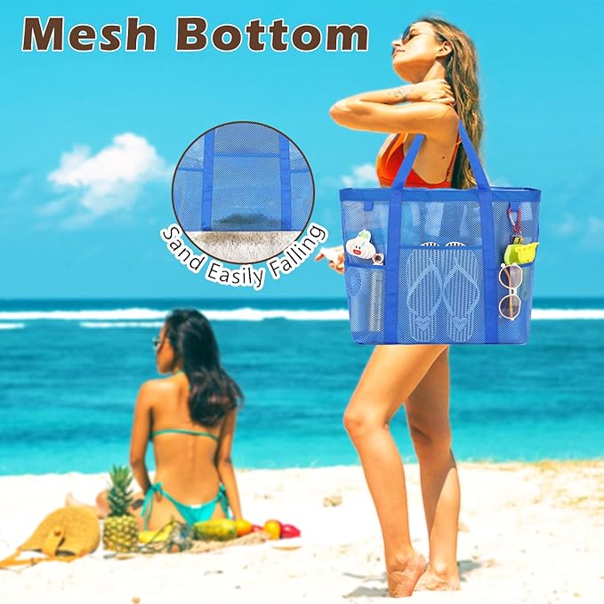 Fammart Mesh Beach Bag with Zipper, Large Beach Tote for Women, Toys Pool Swim Bag Travel Vacation Cruise Essentials