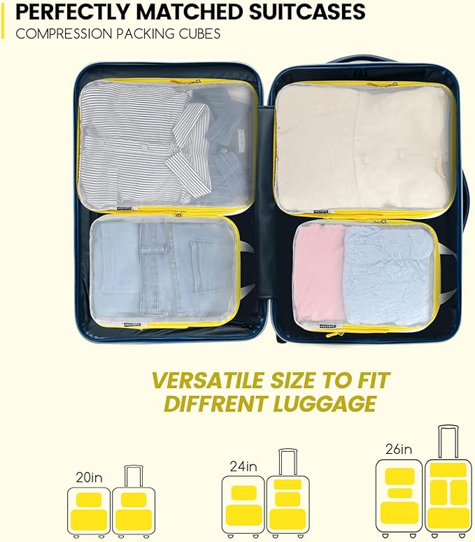 PFEYRPK Lightweight Compression Packing Cubes for Suitcases, Compressible Expandable Travel Packing Organizer with Clear Toiletries and Backpack Bag, Travel Essentials for Carry on Luggage 7 Set