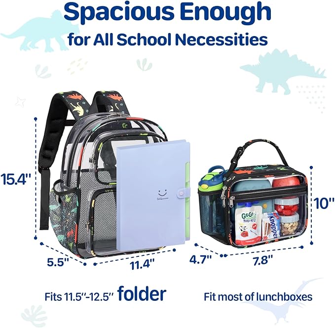 Bagseri 2pcs Clear Backpack for Boys - 15 Inch School Bag with Clear Lunch Bag, Heavy Duty Transparent Bookbag for Kindergarten to Grade 2, Fits Folders, Black Dinosaur