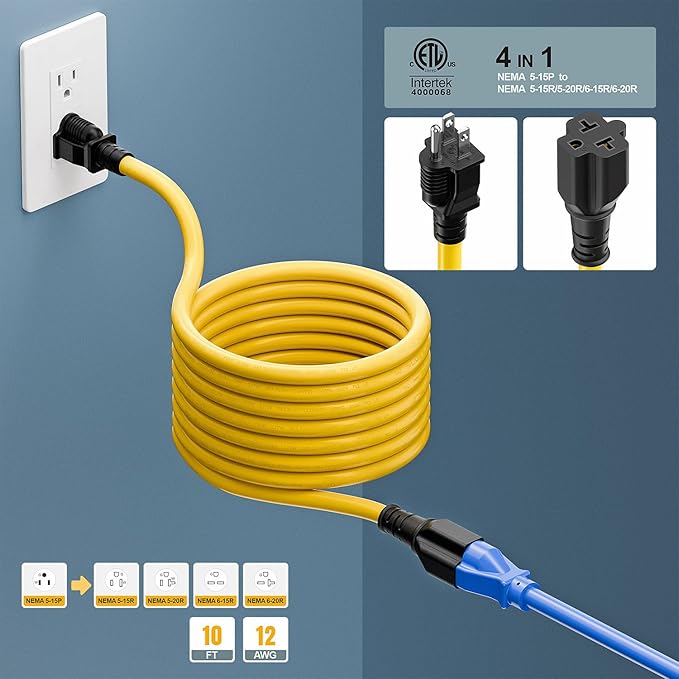 [10-Feet] NEMA 5-15P to 5-15R/ 5-20R/ 6-15R/ 6-20R AC Adapter, Plugrand 12AWG 15 Amp Household AC Plug to 20 Amp T Blade Adapter Cable, 15A 125V to 20A 250V Extension Cable, 10FT