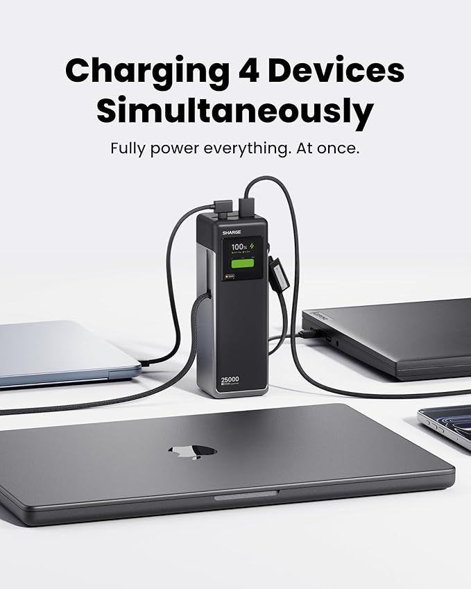 sharge Laptop Power Bank 25000mAh, HyperTower 170W Total Fast Charging Portable Charger, 100W Power Bank with Built-in Cables, High Capacity Travel Essentials Battery Pack for MacBook, iPhone17