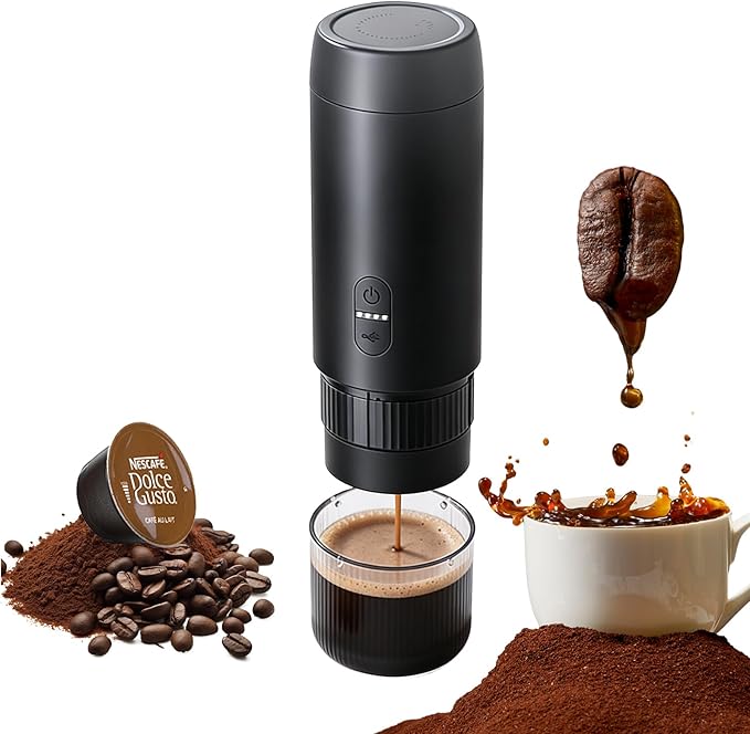 Portable Espresso Maker, 20Bar Pressure & Up to 60 Cups per Charge, Battery Operated Portable Coffee Maker, Works with Ground Coffee & Capsules, for Camping, Car, Travel, and Office Use.
