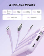 Portable Charger with Built-in Cable, 10000mAh Slim USB C Power Bank, External Battery Pack 5 Outputs 2 Inputs LED Display Compatible with iPhone/Android & More (Lavender)