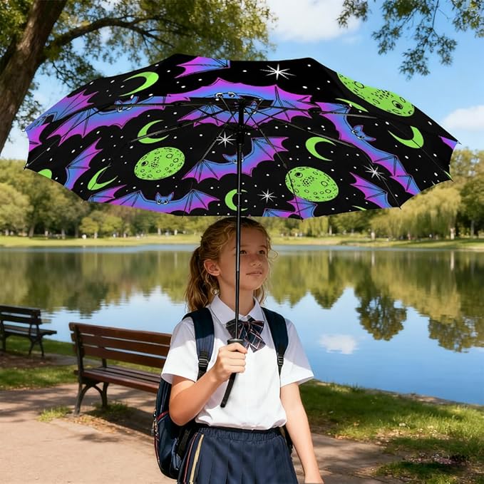 Windproof Compact Umbrellas for Rain - Neon Bat Moon Halloween Portable Lightweight Automatic Reverse Folding Umbrellas - Auto Open Close Cute Small Umbrella for Commute, Car, Backpack, Purse