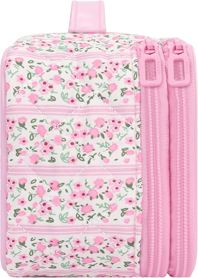 Relavel Cute Makeup Bag for Girls, Portable Pink Cosmetic Bag, Dual-layer Makeup Pouch with Brush Holder, Multi-Functional Preppy Toiletry Organizer for Travel, Daily Use - Pink Flower