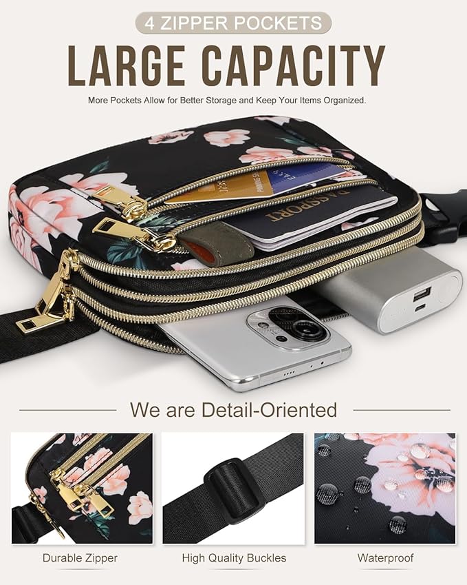 Capolo Fanny Packs for Women Fashion Waist Packs Bag with Adjustable Strap and 4 Zipper Pockets Waterproof Everywhere Crossbody Belt Bag for Workout Running Travelling(Black Flower, Large)