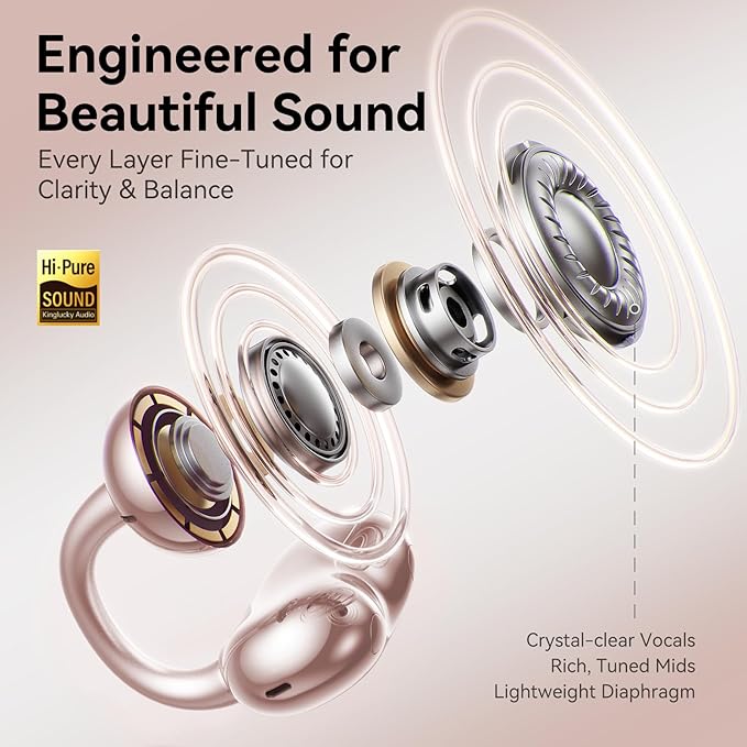 Kinglucky Clip-On Open Ear Earbuds with Detachable Butterfly Earrings, Bluetooth 6.0 Wireless Headphones for Women, 50H Playtime, Comfortable Fit for Small Ears, Sports, Glasses Wearers, Rose Gold
