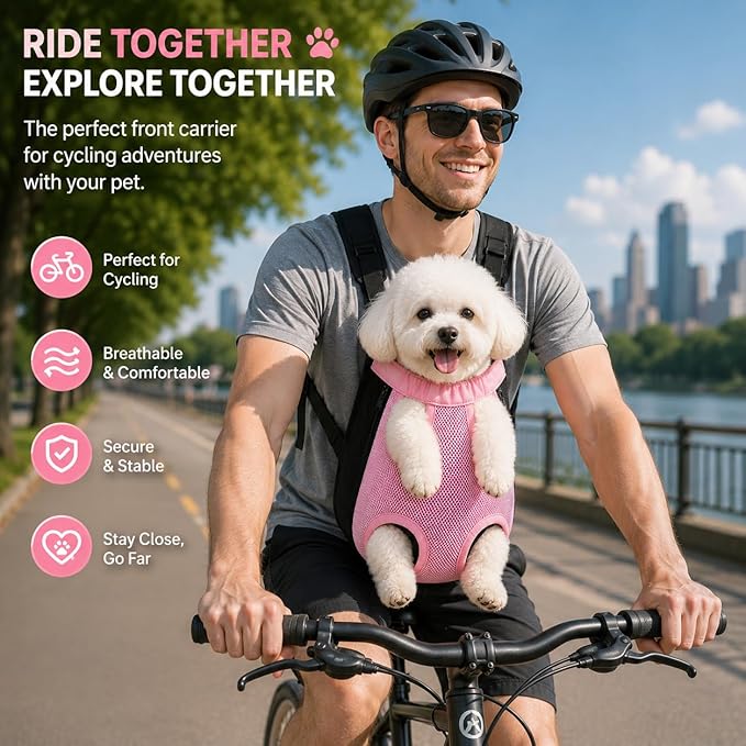 Pet Front Carrier for Small Dogs & Cats, Breathable Legs-Out Riding Carrier for Cycling, Walking & Outdoor Travel, Adjustable Hands-Free Pet Carrier Backpack, Pink