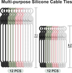 Silicone Cable Ties Cord Organizer for Cable Management, 24PCS 4.2" and 7.1" Reusable Cable Organizer Electronic Accessories for Home, Office, Kitchen, School, Travel (4 Colors)