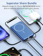 Magnetic Portable Charger, 10000mAh Power Bank, 5 in 1 Portable Charger with Built in Cable, 20W Fast Charging for Magsafe Battery Pack Compatible with iPhone 17/16/15/14/13/12 Pro/Pro Max-DarkBlue