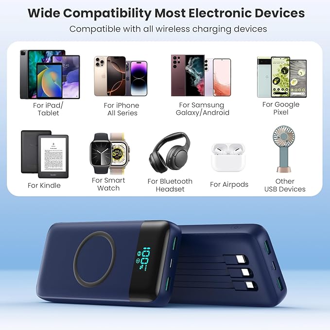 YHO Wireless Portable Charger 40800mAh for iPhone with Built-in Cables,15W Wireless Charging USB C Power Bank,25W PD Fast Charging Travel Essential Battery Pack for iPhone 17/16/15/14-Dark Blue