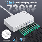 USB C Charger 730W USB C Charger Block,Upgraded GaN V 10-Port Fast Charging Station Hub,3X PD 100W Laptop Charging Adapter Compatible with MacBook Pro/Air,DELL,Steam Deck,iPhone 16/15/14,Galaxy S23