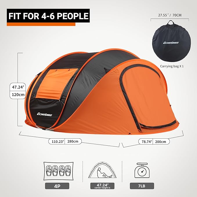 EchoSmile Pop Up Camping Tent, 2/4/6 Person Easy Setup Tent, Water Resistant Dome, Portable with Carry Bag