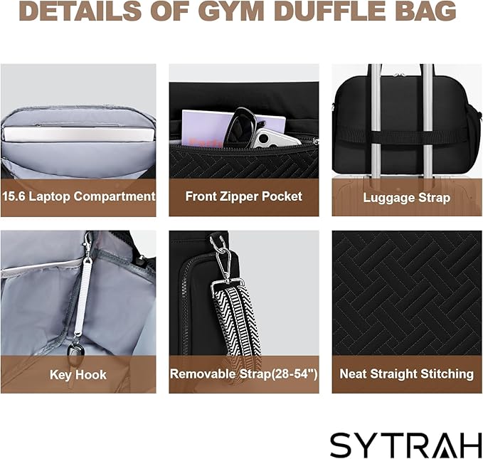 SYTRAH Gym Bag for Women, Lightweight Workout Duffle Bag with Shoe & Wet Separation for Gym, Yoga, Travel & Overnight, Stylish Sports Bag with Adjustable Shoulder Strap Black