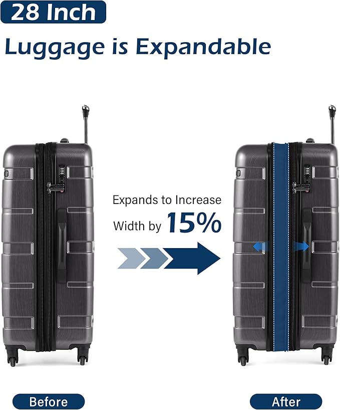 Coolife Expandable Large Checked Luggage Hardside PC+ABS Suitcase with TSA Lock, Lightweight Rolling Carry On with Spinner Wheels(Charcoal, 28in)