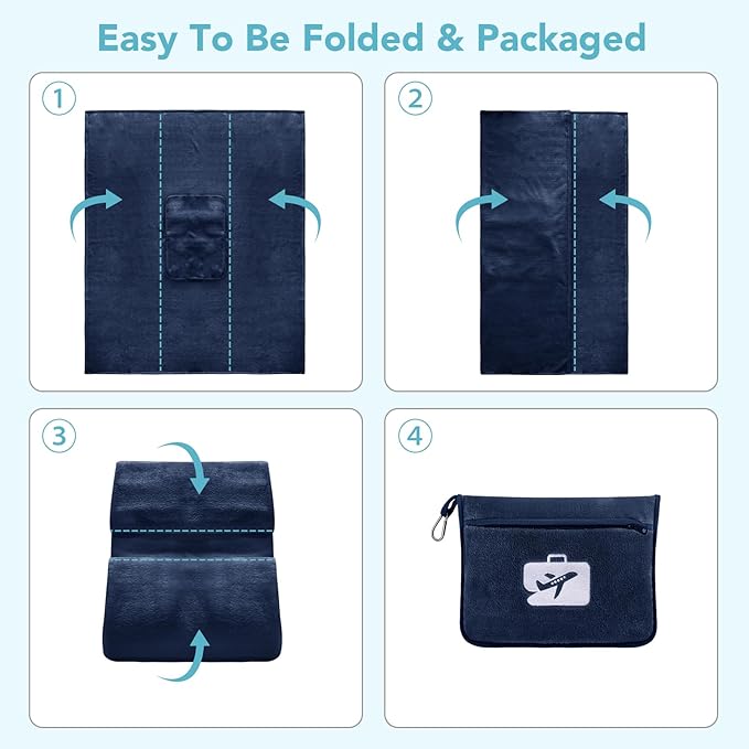SINLAND Travel Pillow and Blanket 2-in-1 Set,Airplane Packable Bag,Soft and Lightweight Plane Flight Car Trips Travel Essentials Gift,Hand Luggage Sleeve and Backpack Clip,60x50 Inch NavyBlue