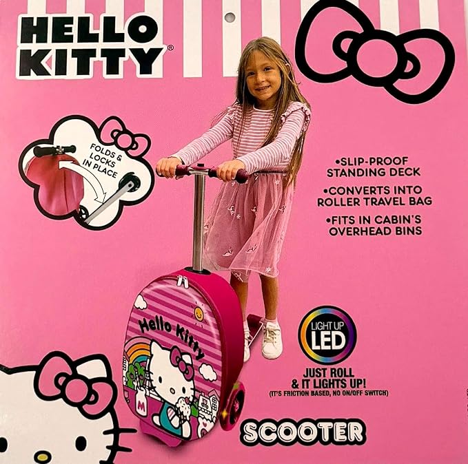 Fast Forward Hello Kitty 2-in-1 Kids Scooter Suitcase & Ride-on Carry-on Luggage Lightweight Travel Case with Built-in Kick Scooter