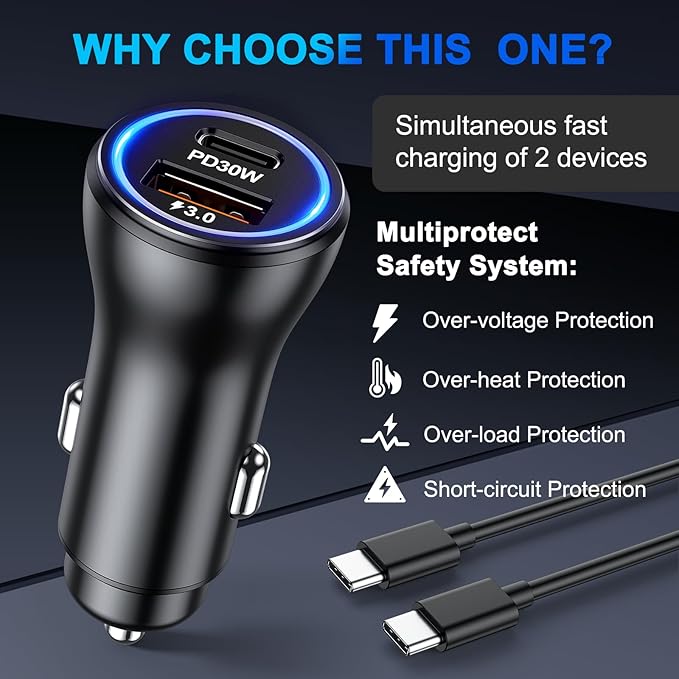 Penemay Car Charger USB Car Phone Charger, Dual Ports Car Adapter for iPhone 17 16 15 Pro Max/14/13/iPad,Samsung S26/S25 Android Cell Phone,