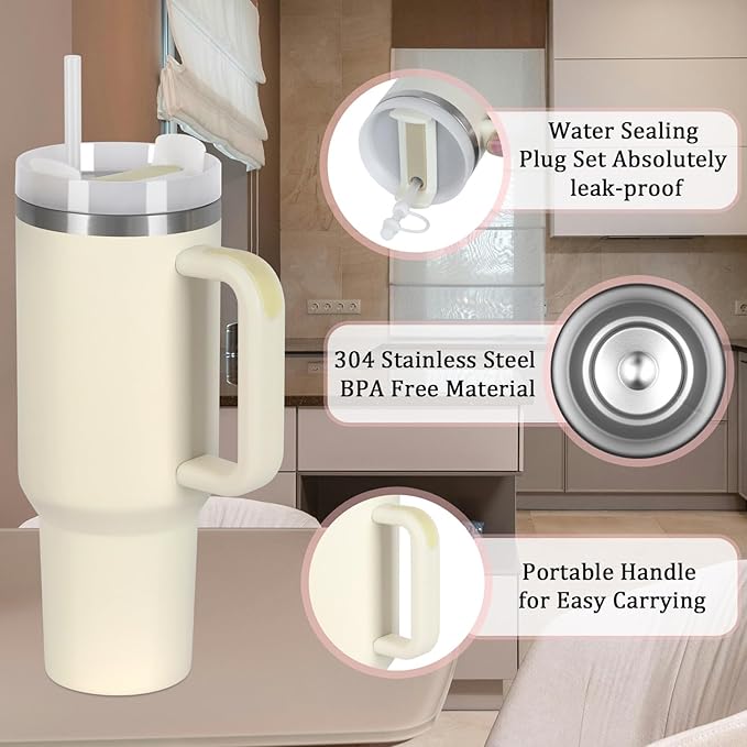 4 Pack 40 Oz Tumbler with Handle Bulk, Double Wall Vacuum Insulated Stainless Steel Tumbler with Lid and Straw, 40 oz cup with Silicone Spill Proof Stopper Set (Cream)