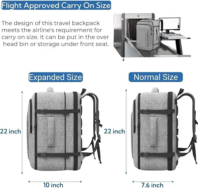 Gieury 55L Carry On Backpack, Extra Large Travel Backpack for Men & Women, Expandable Big Capacity For Airplanes, Travel Gifts for Men Women, Fits 18.4 Inch Laptop, Luggage Suitcase Daypack Bag, Grey