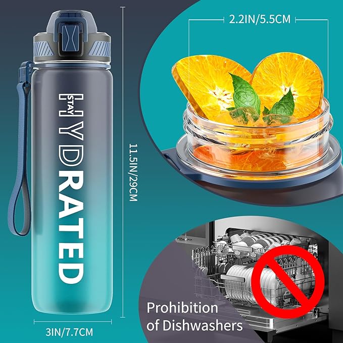 QLUR Water Bottle with Straw, 32oz Motivational Water Bottles with Time Marker to Drink, Tritan BPA Free, 1L Sports Water Bottle with Carry Strap LeakProof for Women Gym Fitness Outdoor (1 Pack)