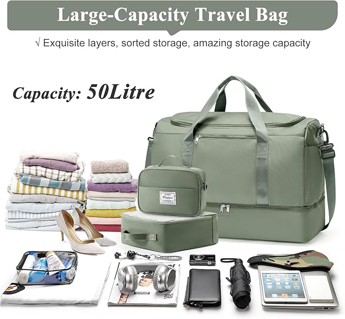 Large Travel Duffle Bag,Carry on Overnight Weekend Bag with Shoes Compartment,Weekender Bags for Women for Travel Business Trips Sport Hospital,3 Pcs Set,Olive Green