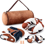 HunnmingRe 5 Pcs Travel Pillow and Blanket Set, 5 in 1 Travel Airplane Compact Includes 40 x 60 Inch Throw Blanket Eye Mask Neck Pillow Earplug and Bag Gifts for Travelers Women(Cow Print,Brown)