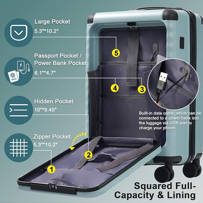 5 Piece Luggage Set w/TSA Locks & USB Port, Front Opening Hard Shell Luggage Sets, Expandable Suitcase Set with Wheels and Cup Holder(20"/24"/28") (Light Blue)