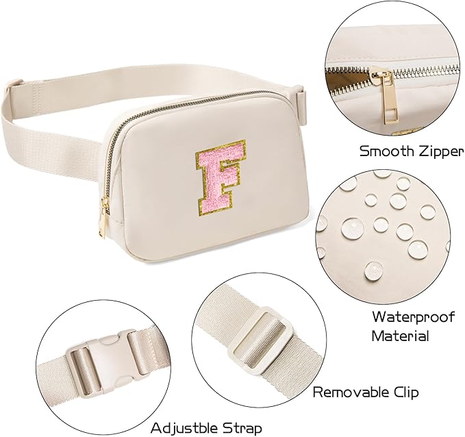Gitus Belt Bag Fanny Pack Crossbody Bags with Initial Letter Patch Cute Stuff Birthday Gifts for Teenager Girls Trendy Preppy Stuff for Teen Girls(Beige-F)