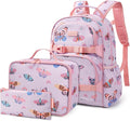 mommore Kids Backpack for Girls 4-8 with Lunch Box Elementary Kindergarten Preschool School Backpack 15'' Fit Folders Bottles, Pink Butterfly
