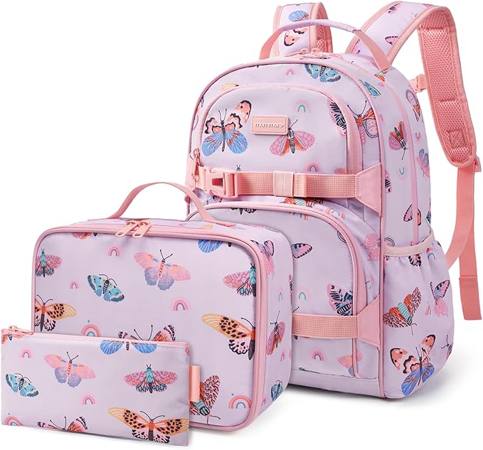 mommore Kids Backpack for Girls 4-8 with Lunch Box Elementary Kindergarten Preschool School Backpack 15'' Fit Folders Bottles, Pink Butterfly