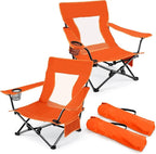 Joyfair Beach Camping Chair (2 Pack), Outdoor Folding Lawn Chair for Adults, Heavy Duty Portable Chair with Armrest for Outside Fishing, Sport, Patio, Cup Holder & Storage Pocket, Carry Bag (Orange)