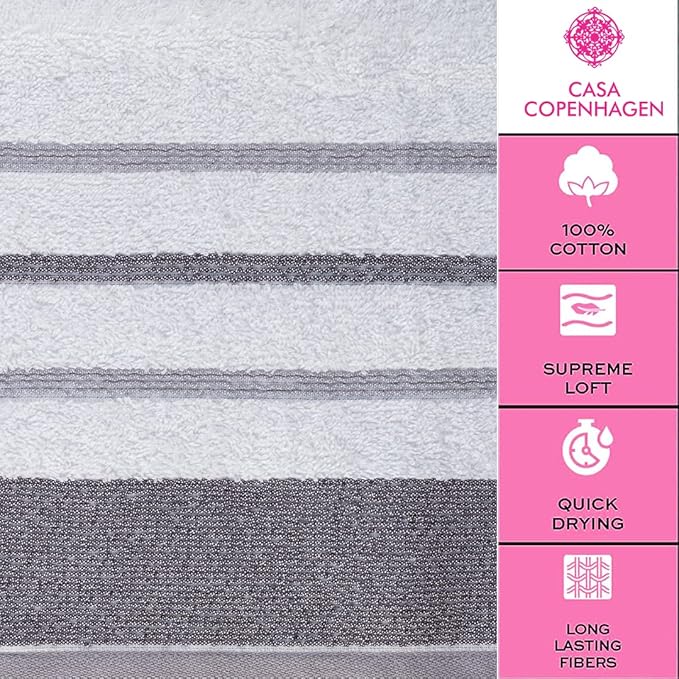CASA COPENHAGEN White Bay 6Pcs 100% Egyptian Cotton Large Designer Towels Gift Set- White - Dark Grey, 600GSM, 2Bath 2Hand 2Washcloths, Bath Towels for Bathroom Set for Women & Men