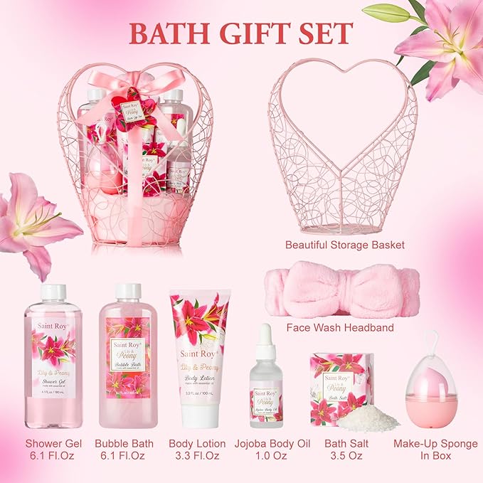 Mothers Day Gifts for Mom Gifts Basket Christmas Gifts for Women Spa Set Lily & Peony Home Spa Set, Beauty Personal Care Set Jojoba Oil, Spa Self Care Kit, Bath Body For Thank You, Birthday