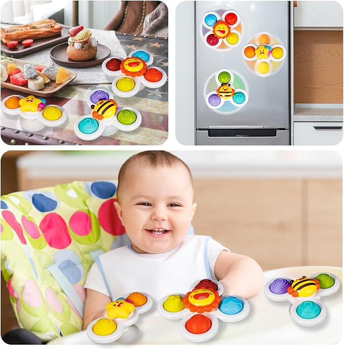 ALASOU 3PCS Pop Suction Cup Spinner Sensory Airplane Travel Toys for 1 Year Old Boy Girl Infant Toddlers|Novelty Spinning Tops 12 18 Months|1 2 Year Old Boy Birthday Gift|Baby Bath Toy Kids Ages 1-3
