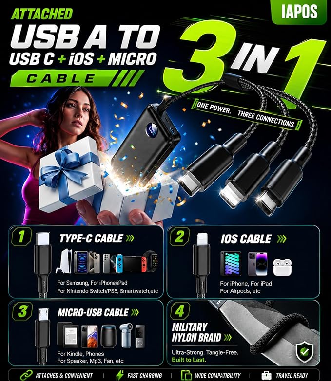Portable Charger Power Bank - 60,000mAh Battery Pack, 22.5W Fast Charging Phone Charger Attached USB-C/iOS/Micro-USB Cable, Powerbank for iPhone 17 16 15 14 13 Samsung, for Travel Camping Essentials