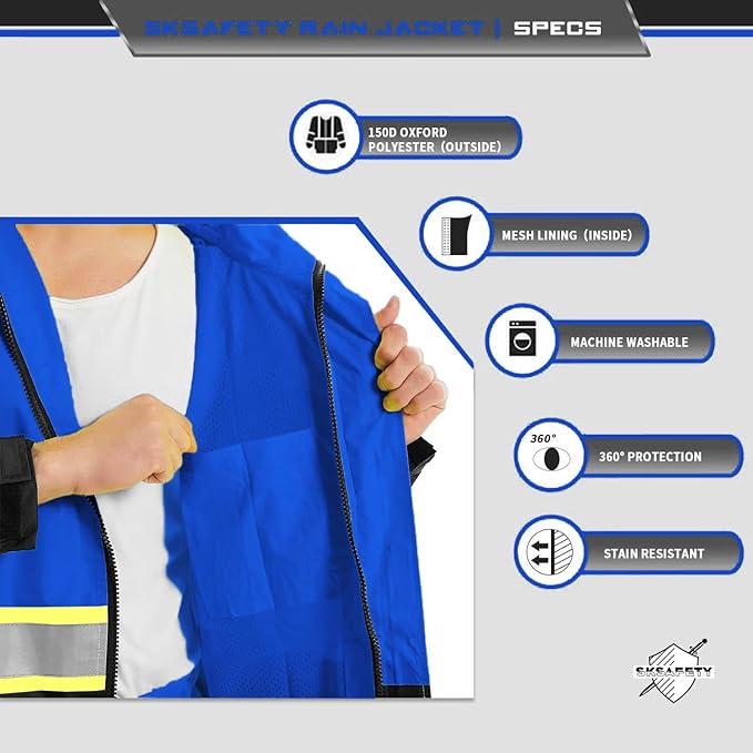 SKSAFETY Hi Vis Safety Rain Jacket for Men, Construction Work Rain Gear Heavy Duty Class 3 Rain Coat Waterproof Lightweight