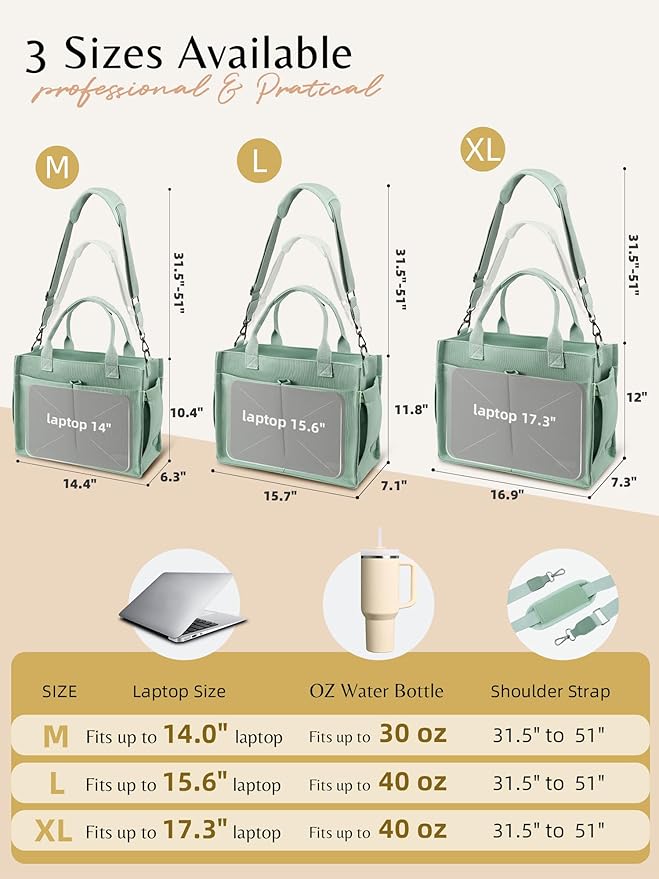 BESBESME Canvas Tote Bag for Women with Zipper & Compartments– Large Work & College Laptop Tote Crossbody Shoulder Bag